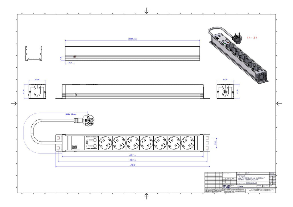 Bachmann 333.004 19" 1,5HE 7xSchuko weiß 1xÜSS Strom 2m Schuko