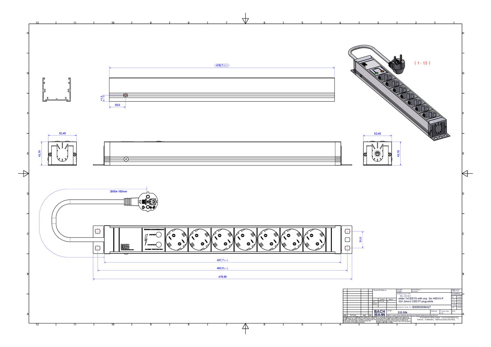 Bachmann 333.004 19" 1,5HE 7xSchuko weiß 1xÜSS Strom 2m Schuko